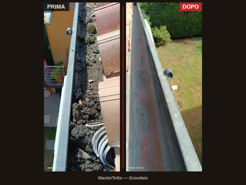 Pulizia grondaie — prima e dopo